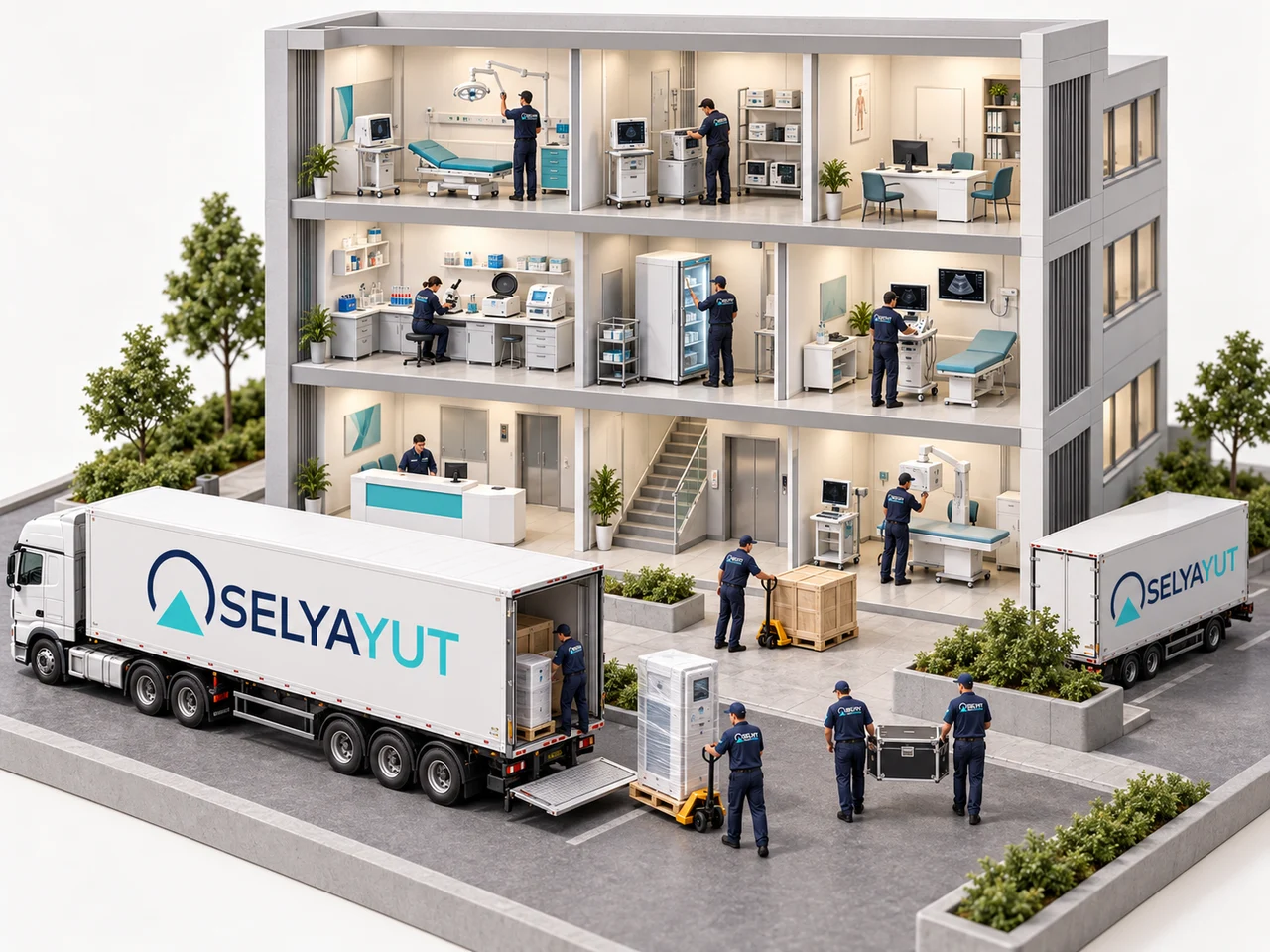 Multi-storey clinic model with OSELYAYUT equipment delivery, unloading and technicians at work